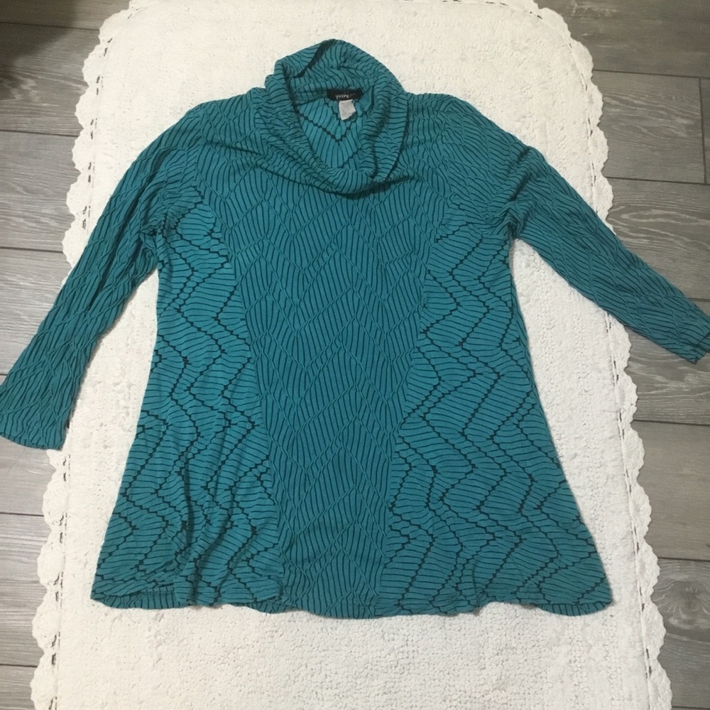 Yushi Long Sleeve Cowl Neck Tunic  Top Teal Black Geometric Design size XL